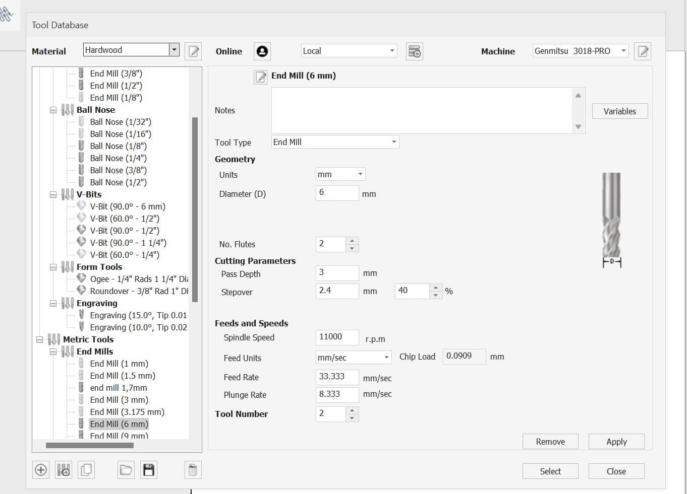 Verktøydatabase i CAM-programmet VCarve